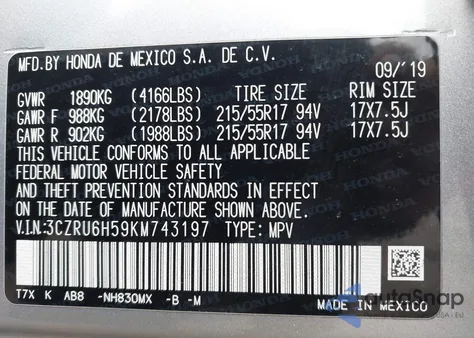 2019 Honda Hr-V Ex z USA, uszkodzony, nr VIN 3CZRU6H59KM743197